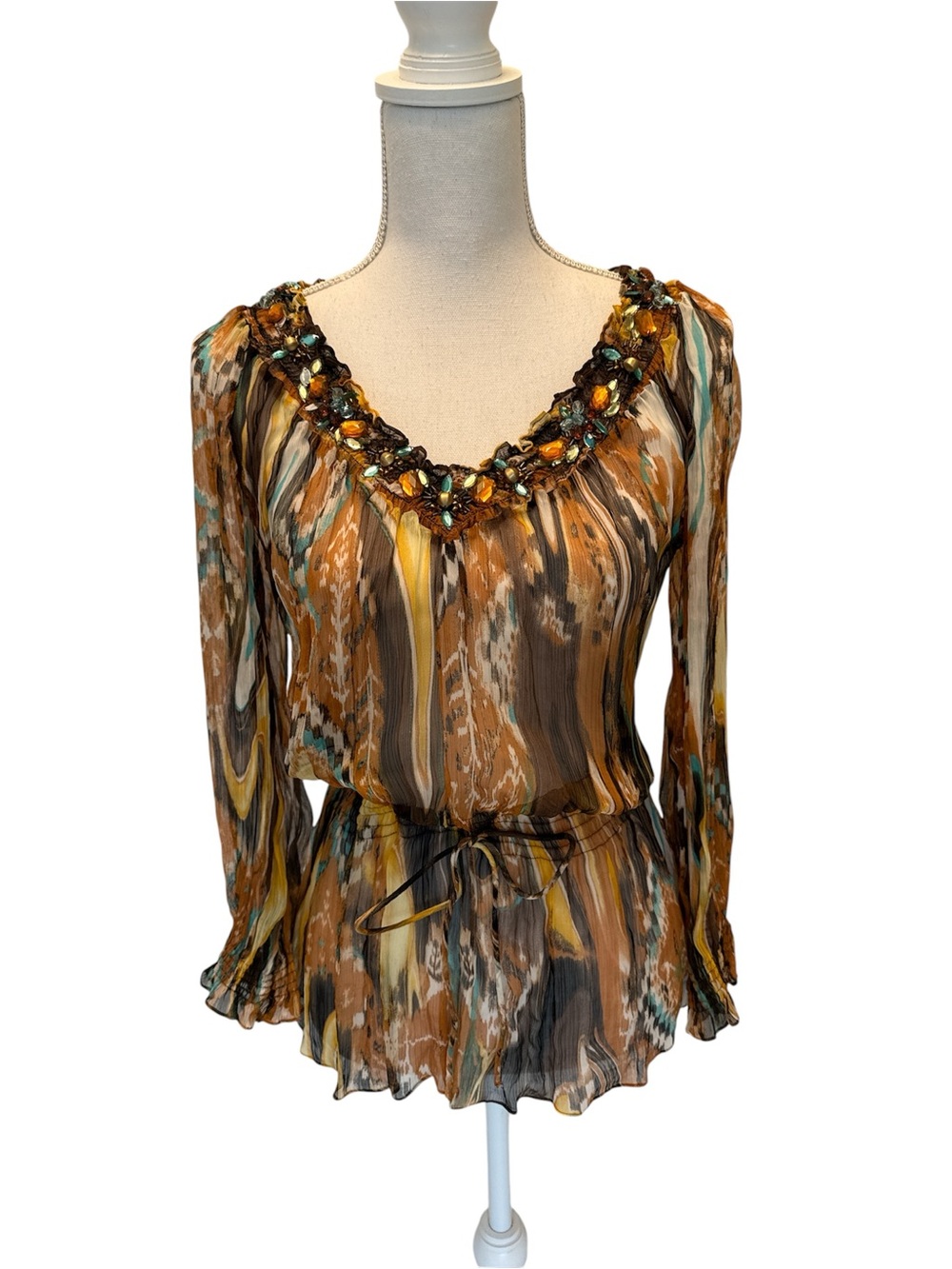 Cache Vintage Y2K Boho Beaded Peasant Blouse Festival Smocked Top Small/Medium